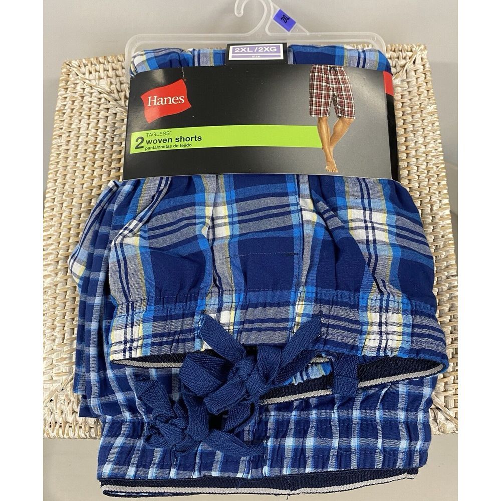 Hanes Men's Tagless Two Woven Shorts Cotton Polyester Blue White Yellow 2XL